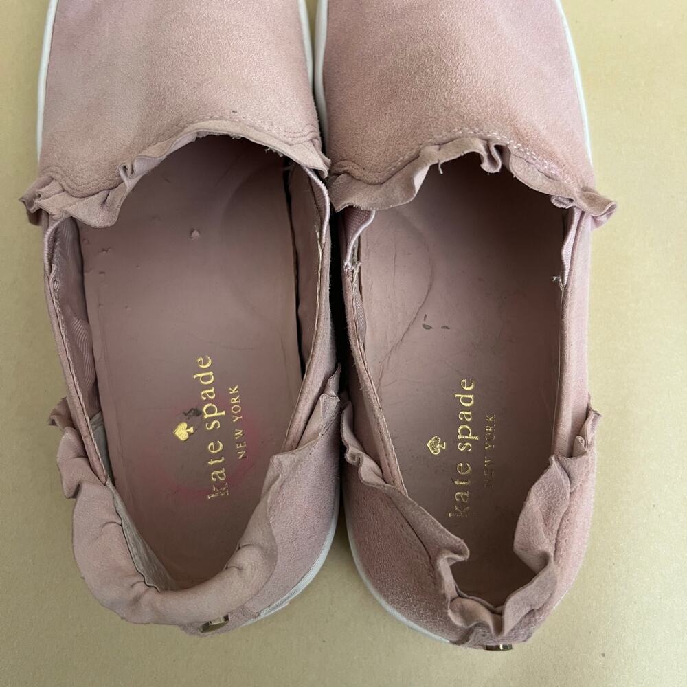 Kate Spade Lillie Pink Suede Ruffle Slip-On Sneakers Leather Upper Size 8.5 - Picture 6 of 14